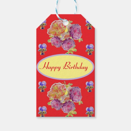 Shabby Red Rose Pansy Floral Roses Blue  Gift Tags