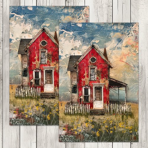 SHABBY RED RUSTIC HOUSE MIXED MEDIA DECOUPAGE TISSUE PAPER