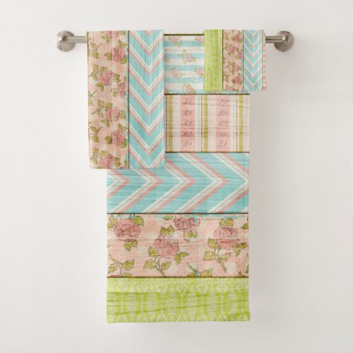 Shabby Rose Pastel Pattern on Rustic Wood Cottage Bath Towel Set