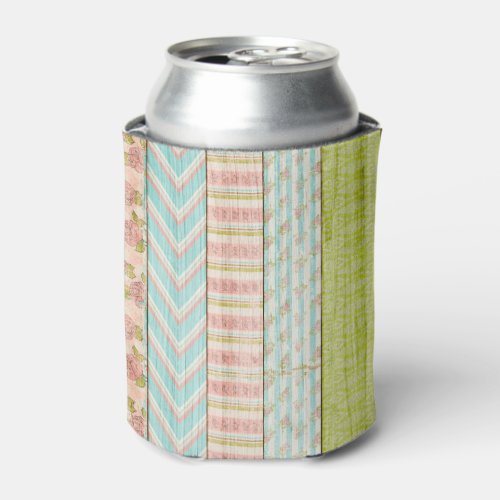 Shabby Rose Pastel Pattern on Rustic Wood Cottage Can Cooler