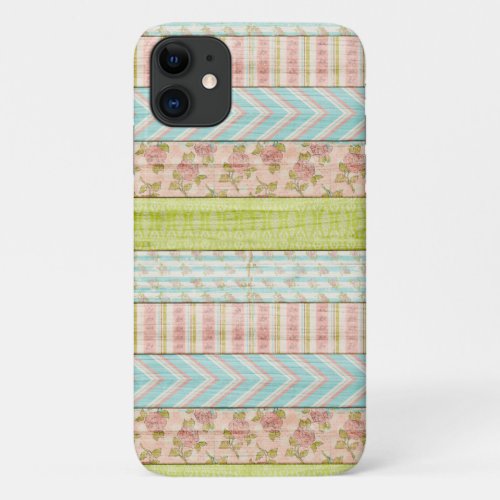 Shabby Rose Pastel Pattern on Rustic Wood Cottage iPhone 11 Case