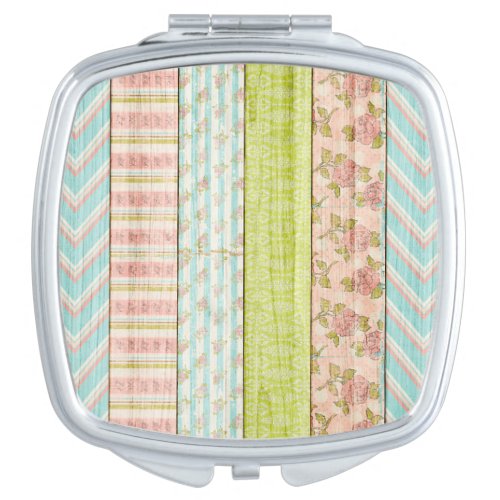 Shabby Rose Pastel Pattern on Rustic Wood Cottage Compact Mirror