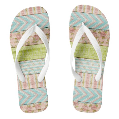 Shabby Rose Pastel Pattern on Rustic Wood Cottage Flip Flops