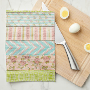 Shabby Rose Pastel Pattern on Rustic Wood Cottage Kitchen Towel