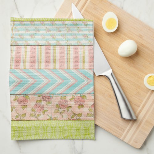 Shabby Rose Pastel Pattern on Rustic Wood Cottage Kitchen Towel