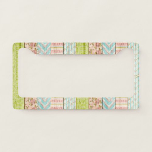 Shabby Rose Pastel Pattern on Rustic Wood Cottage License Plate Frame