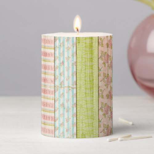 Shabby Rose Pastel Pattern on Rustic Wood Cottage Pillar Candle