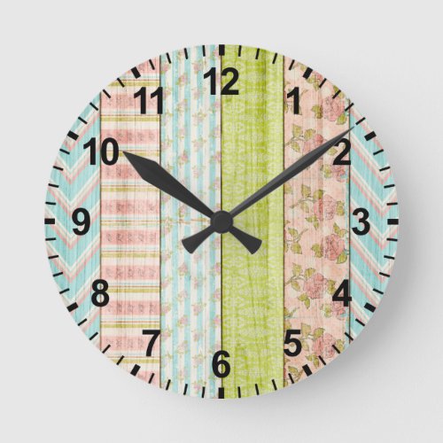 Shabby Rose Pastel Pattern on Rustic Wood Cottage Round Clock