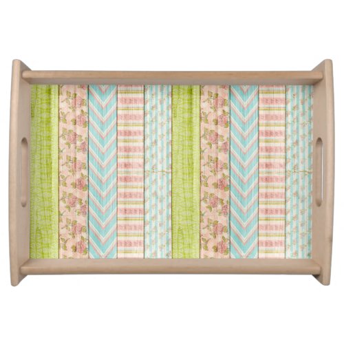 Shabby Rose Pastel Pattern on Rustic Wood Cottage Serving Tray
