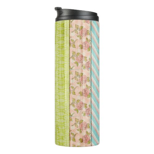 Shabby Rose Pastel Pattern on Rustic Wood Cottage Thermal Tumbler