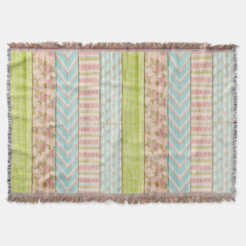 Shabby Rose Pastel Pattern on Rustic Wood Cottage Throw Blanket