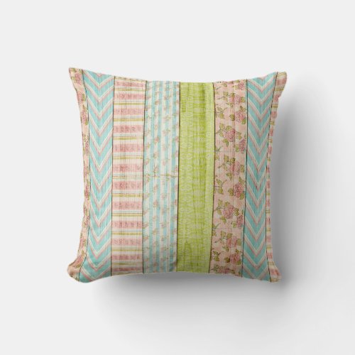Shabby Rose Pastel Pattern on Rustic Wood Cottage Throw Pillow