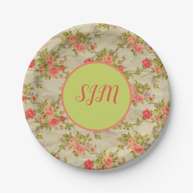 Shabby Roses Monogram Paper Plates (Front)