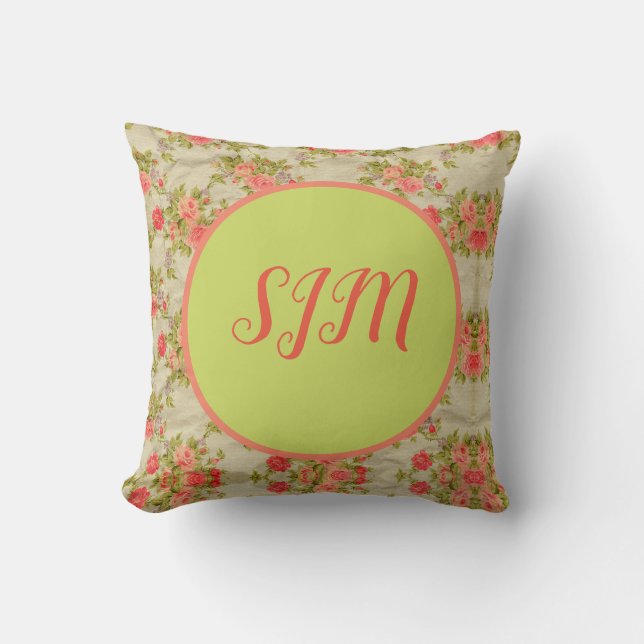 Shabby Roses Monogram Throw Pillow (Front)