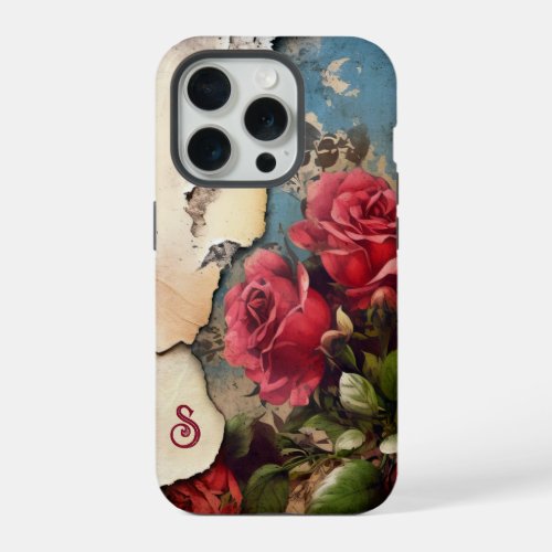 Shabby Roses on Distressed Torn Paper wMonogram iPhone 15 Pro Case