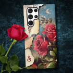 Shabby Roses on Distressed Torn Paper w/Monogram Samsung Galaxy S22 Ultra Case<br><div class="desc">Unique and cool grungy red vintage roses and foliage on a background of torn distressed parchment and blue antique paper background with editable text for monogram.</div>