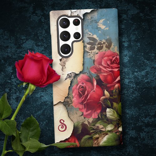 Shabby Roses on Distressed Torn Paper wMonogram Samsung Galaxy S22 Ultra Case