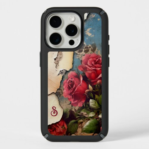 Shabby Roses on Distressed Torn Paper wMonogram iPhone 15 Pro Case
