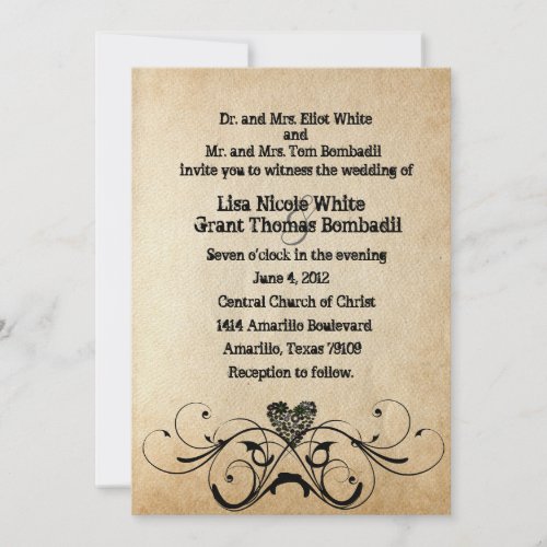 Shabby Rustic Black Heart Wedding Invitation