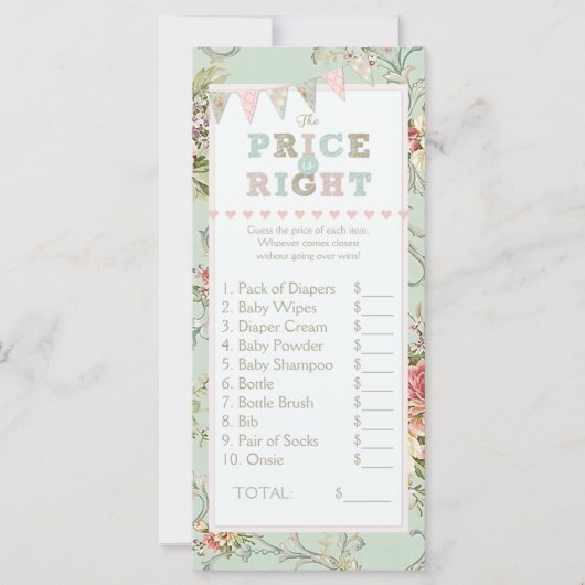 Shabby Rustic Chic Price Right Baby Shower Game (Front)