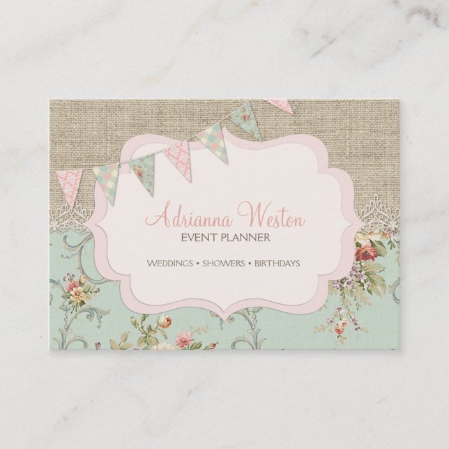 Shabby Rustic Country Chic Burlap Blush Floral Business Card (Front)