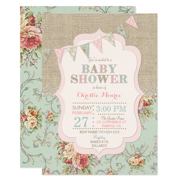 Shabby Rustic Country Chic Floral Lace Burlap Invitation
