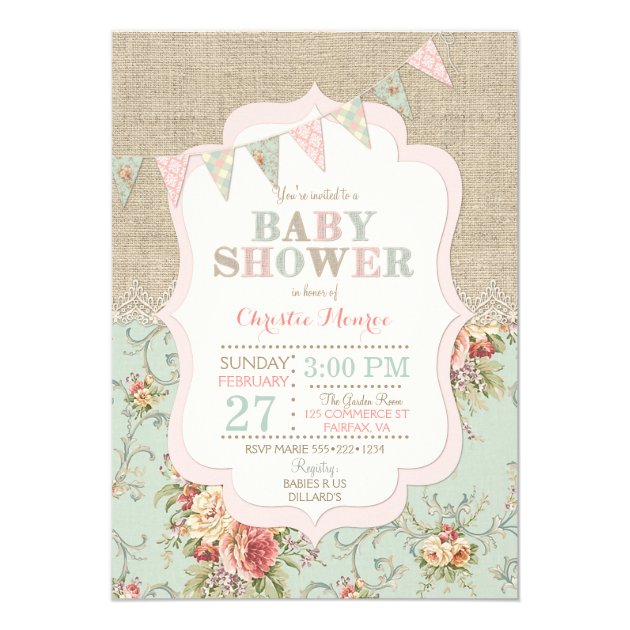 Shabby Rustic Country Chic Floral Lace Burlap Invitation
