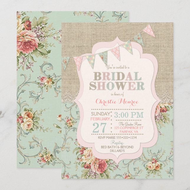 Shabby Rustic Country Chic Floral Lace Burlap Invitation (Front/Back)