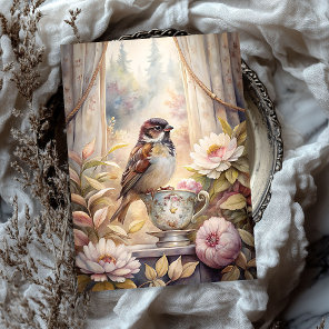 Shabby summer window with sparrow pink peonies tissue paper