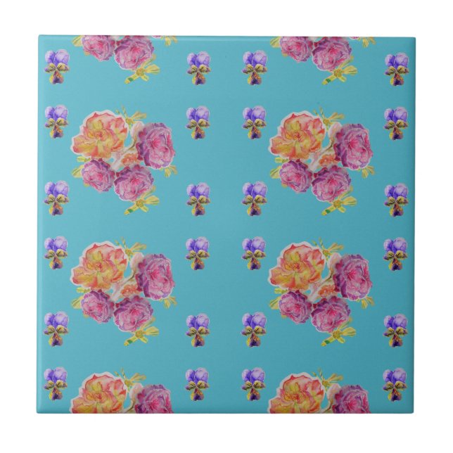 Shabby Teal Rose Purple violet floral Ceramic Tile (Front)