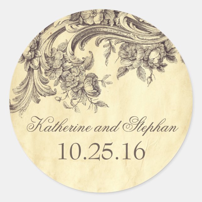 Shabby Vintage Flourishes Elegant Wedding Classic Round Sticker (Front)
