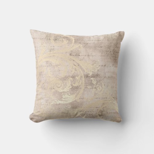 Shabby Vintage Ivory Gold Damask Handwriting Throw Pillow