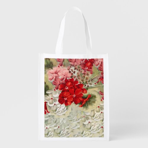 Shabby vintage ivory pink red floral collage groce grocery bag