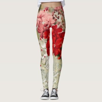 Shabby Vintage Ivory Pink Red Floral Collage Leggings by kicksdesign at Zazzle
