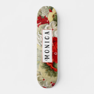 Shabby vintage ivory pink red floral collage skate skateboard