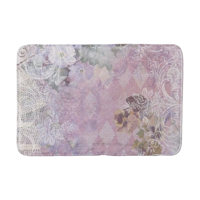 Shabby Vintage Purple Floral Bath Mat (Front)