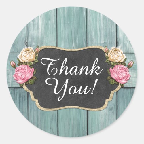 Shabby Vintage Roses Rustic Chalkboard Thank You Classic Round Sticker