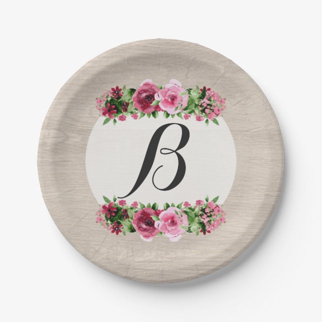 Shabby Vintage Roses Rustic Wood Monogram Paper Plates (Front)