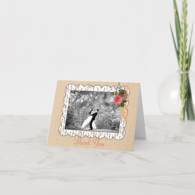 Shabbychic Burlap Pink Floral Lace Wedding Thank Thank You Card (Front)
