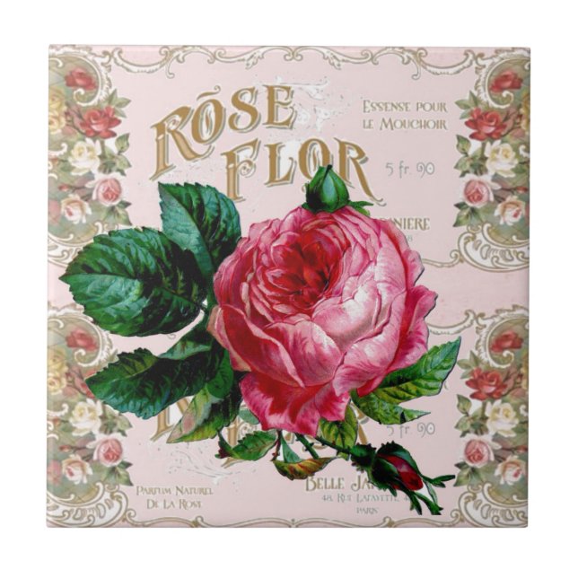 SHABBYCHIC English Rose vintage pink Ceramic Tile (Front)