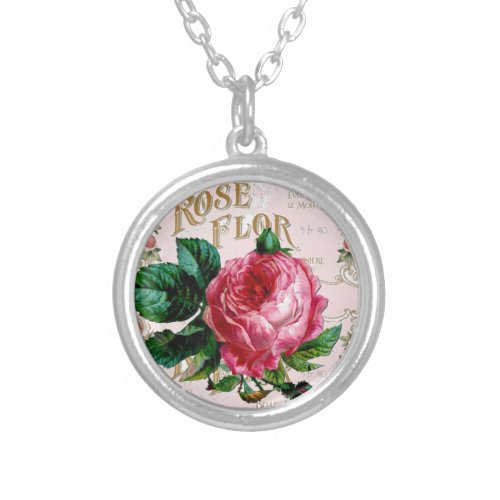 SHABBYCHIC English Rose vintage pink Silver Plated Necklace