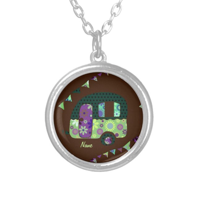 Shabbychic retro trailer, camper, caravan bunting silver plated necklace (Front)