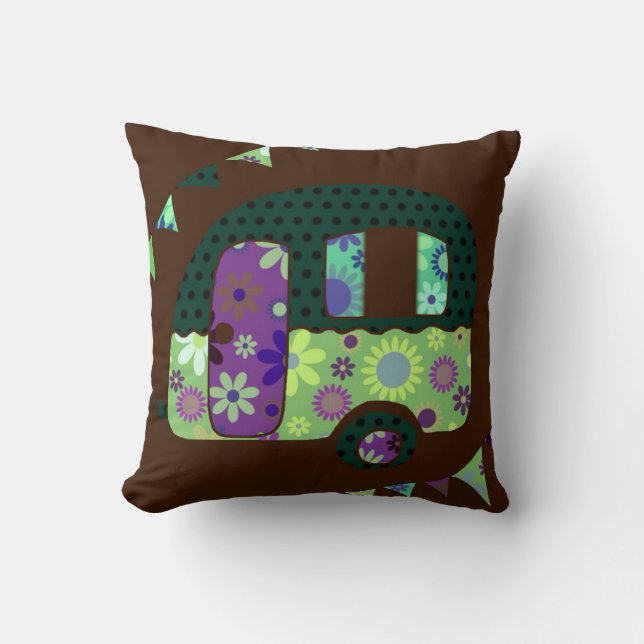 Shabbychic retro trailer, camper, caravan bunting throw pillow (Front)