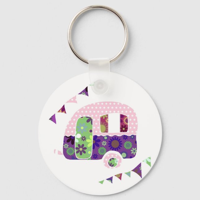 Shabbychic trailer, caravan camper with bunting keychain (Front)