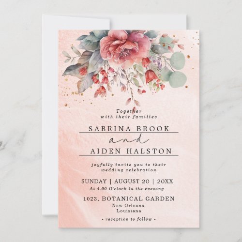 Shade Of Blush Pink Peach Dusty Blue Wedding Invitation