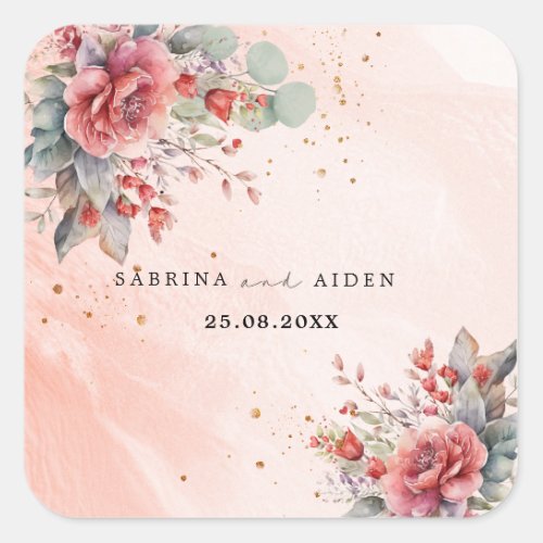 Shade Of Blush Pink Peach Dusty Blue Wedding  Square Sticker