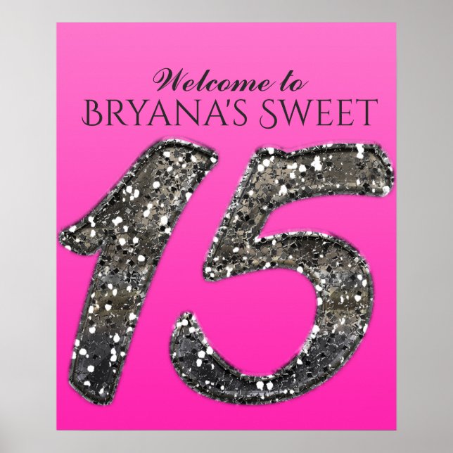 Shade of Pink & Silver Glitter 15 Fifteen Party Poster (Front)