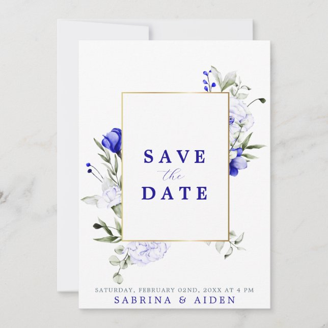 Shade Of Royal Blue Ivory Floral Photo Wedding Save The Date (Front)