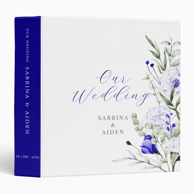 Shade Of Royal Blue Ivory  Floral Wedding  3 Ring Binder (Front/Spine)