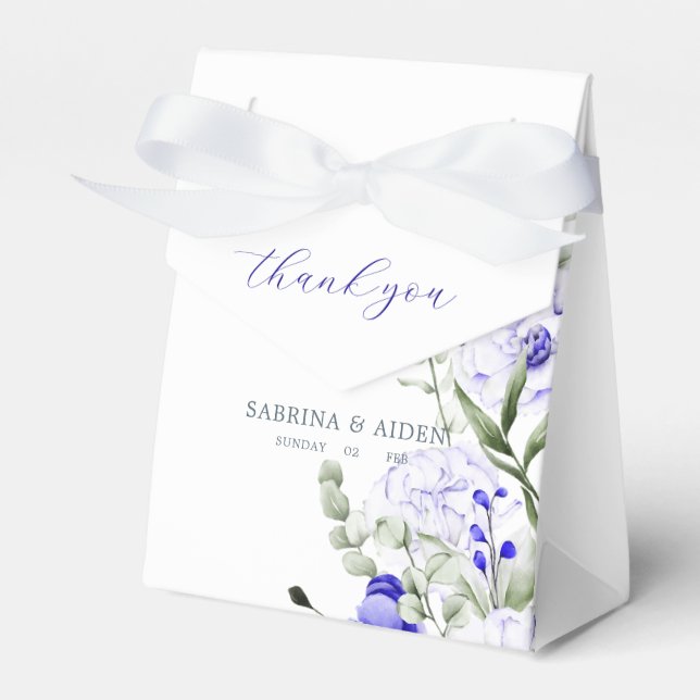 Shade Of Royal Blue Ivory Floral Wedding Favor Boxes (Front Side)